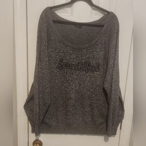 Cozy Gray Sweater with 'Beautiful' Embroidery